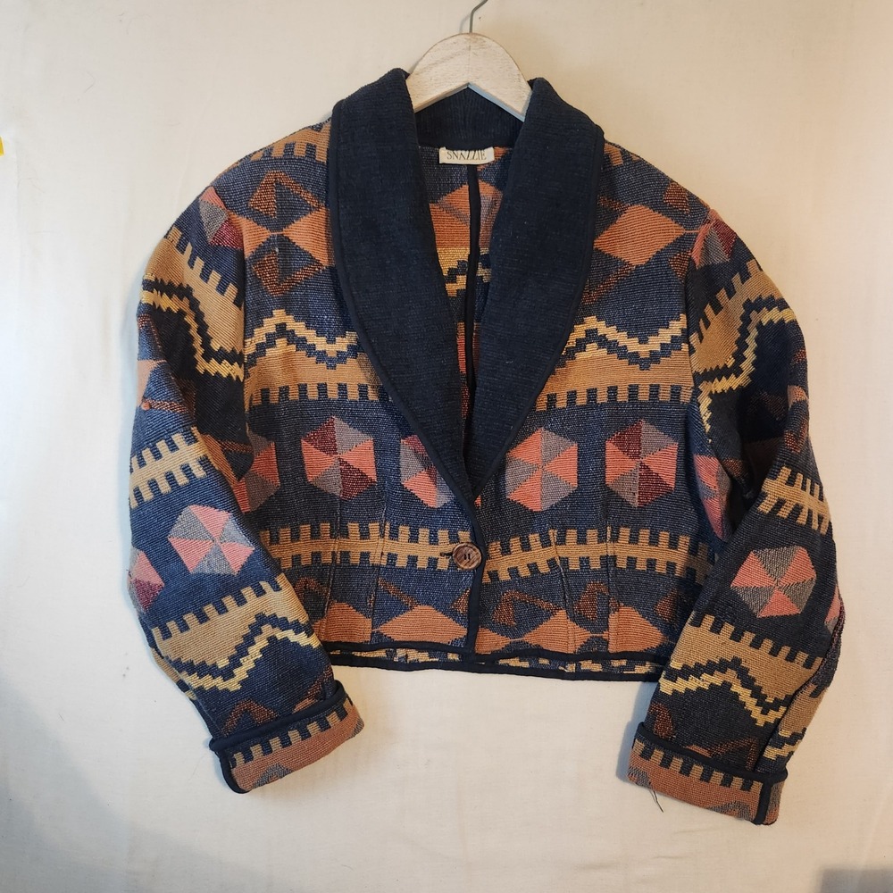 Vintage Snazzie Woven Tapestry Jacket Southwestern Geometric Cropped Blue M